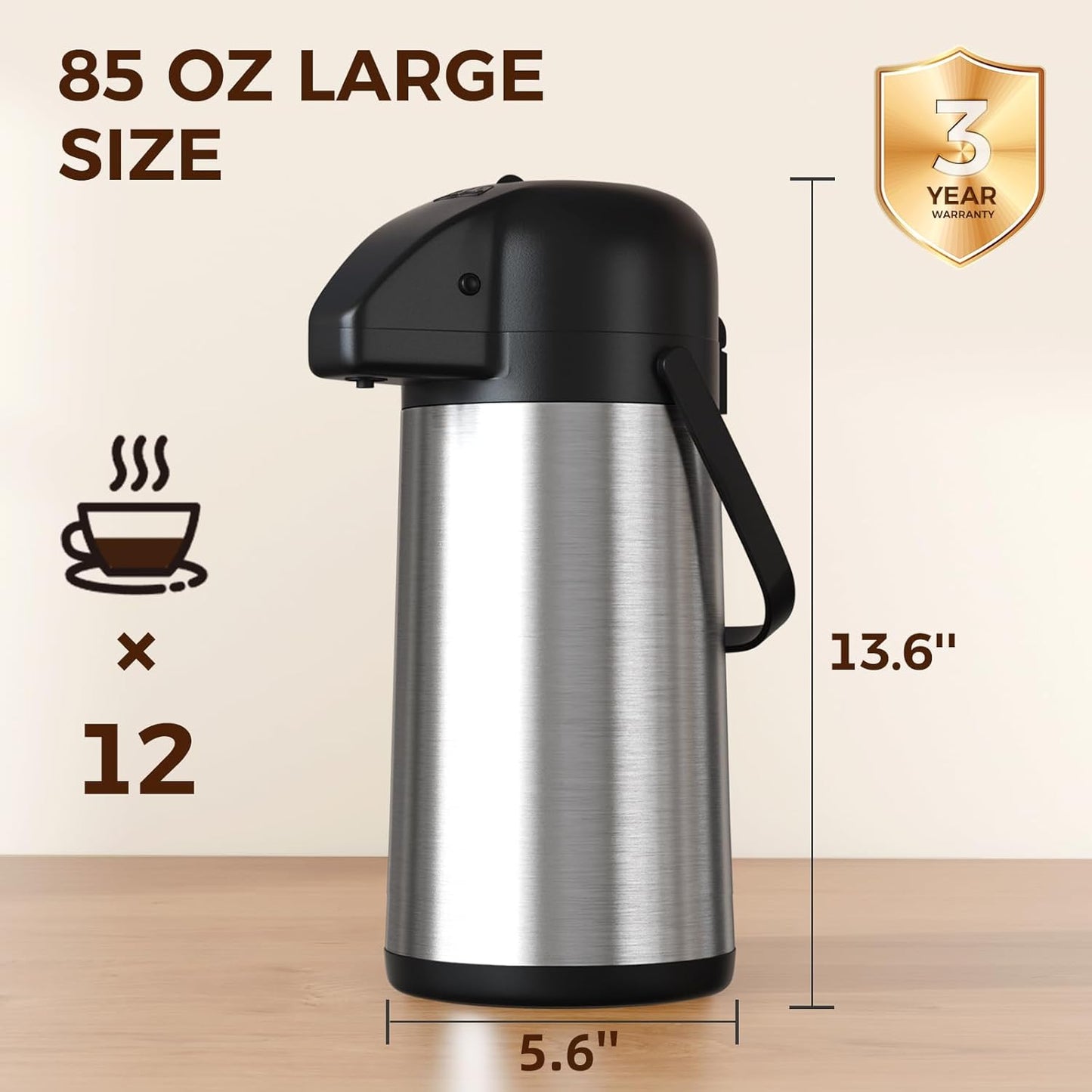 Coffee Carafe for Keeping Hot - Gezoss 102OZ / 3L Airpot Coffee Dispenser with Pump - Large Coffee Carafe for Hot Drinks Tea Liquid - Insulated Stainless Steel Hot Water Beverage Urn for Parties