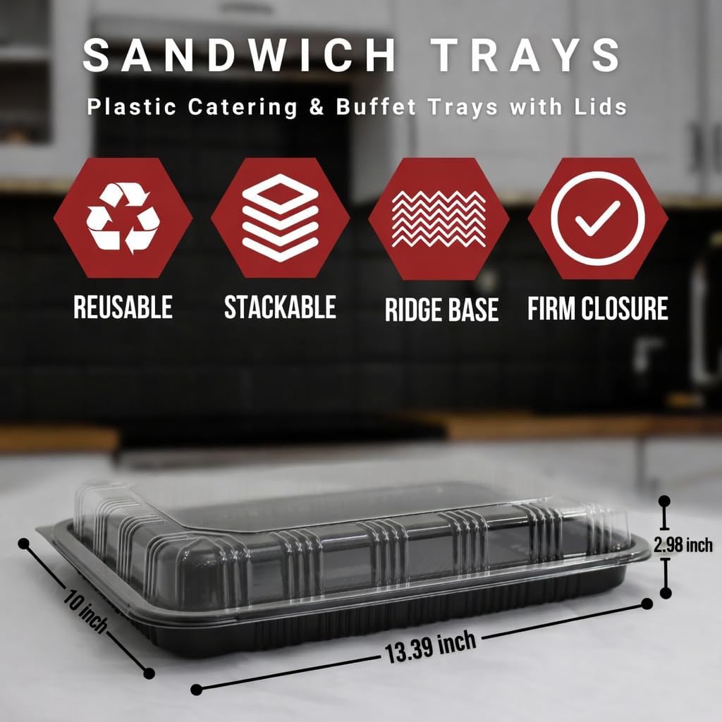 6 Pack Catering Trays with Lid – 13" Serving Trays with Lids - Reusable Serving Platter With Lid for Catering, Buffet, Picnics & Events – Party Trays With Lids (13.39 × 9.84 × 2.95 inch)