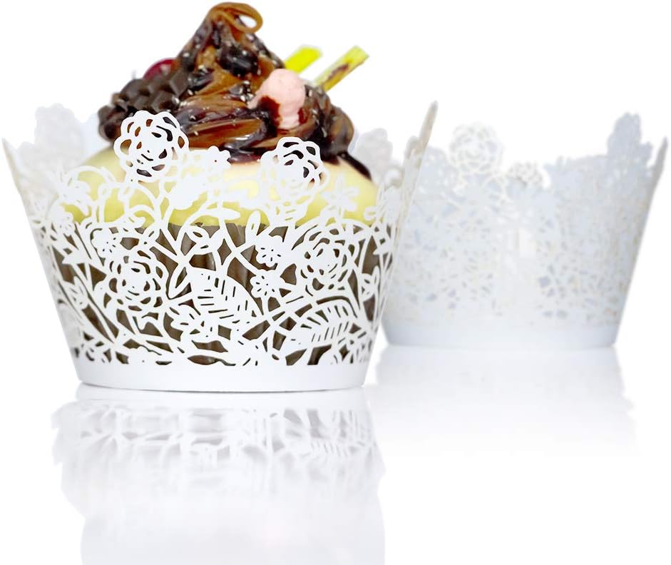 YOZATIA 60pcs Black Rose Lace Cupcake Wrappers Holders, Laser Cut Cupcake Liners Decorative Liners for Wedding Party Birthday Cake Decoration Supplies