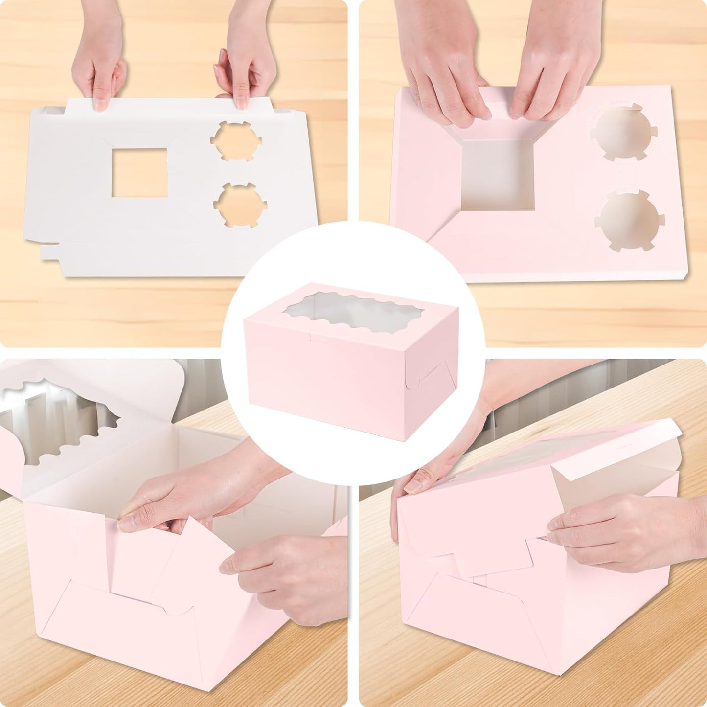 10 Packs Bento Cake and Cupcake Box 3 Holes Fit 2 Cupcakes and 1 Mini Cake Box with Clear Window and Stickers for Cake Cupcake Cookie or Easter and Mother’Day. (1+2/10pcs)