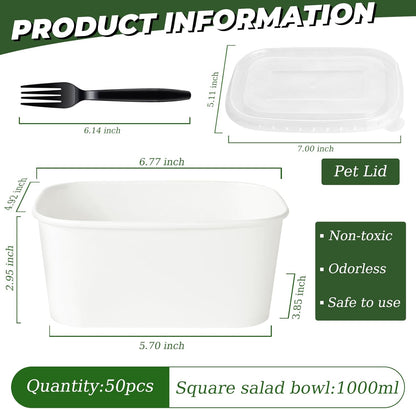 50-Pack 29oz Disposable Kraft Paper Bowls【with Lids and Forks】,Meal Prep Containers Disposable Togo Food Deli Containers for Restaurant Supplies Take Out Containers, Microwave Safe for Hot/Cold Food