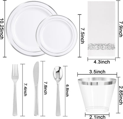 WELLIFE 350-Piece Gold Disposable Plates and Cutlery Set - Premium 10.25" Dinner Plates, 7.5" Dessert Plates, 9oz Cups & Cutlery for Weddings, Catering Events - 50 Guest Service - Elegant & Sturdy