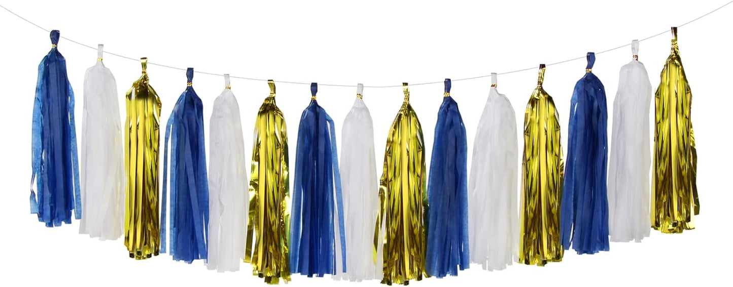 Navy-Blue White-Silver Tassel Garland Streamers - 15pcs Party Decorations Tissue Paper Tassels Banner,Graduation 2025 Wedding Baby Bridal Shower Hanging Decoration Boy Birthday Backdrop Decor Panduola