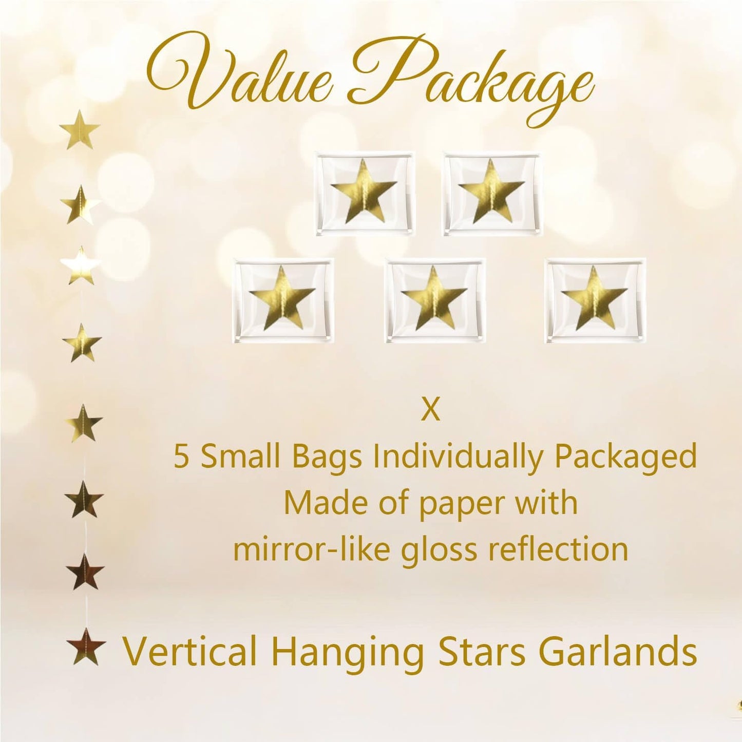 105Feet Gold Star Garland Party Banner for Graduation Decorations 2026 Class Grad Birthday Hanging- Golden Double Side Twinkle Paper Stars Streamers Backdrop for Wall Ceiling Decor, 8Pack
