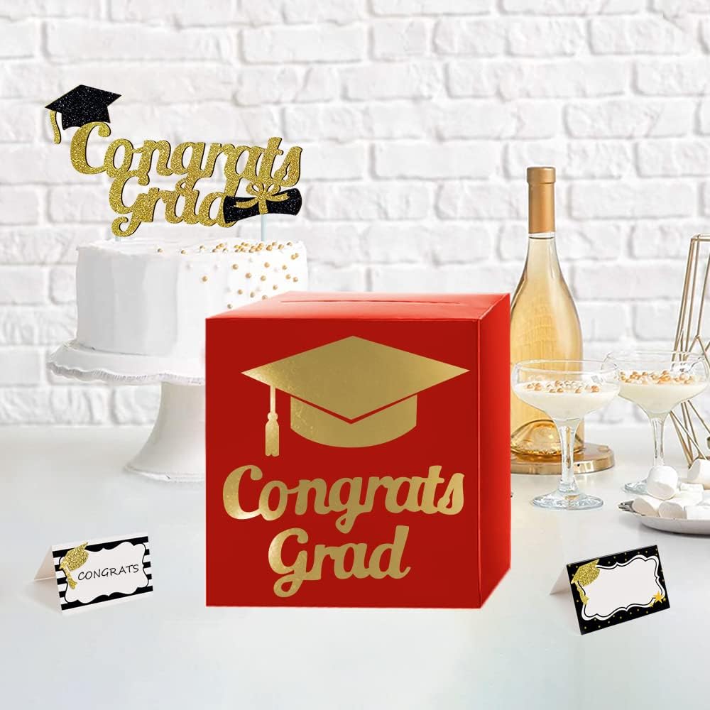 Graduation Card Box Holder, Congrats Grad Foldable Cardboard Decorations Box for Graduation Party Decoration and Grad Parties (Black)