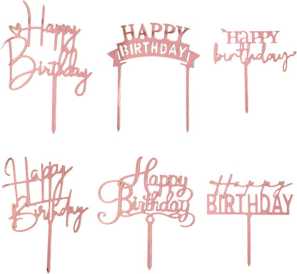 Gold Birthday Cake Topper, 6pcs Acrylic Birthday Cake Toppers Happy Birth Cake Toppers for Decorations Gold Topper for Girls Women's Party Decorations