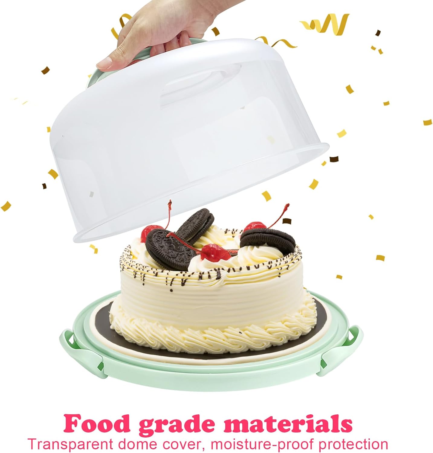 Cake Carrier with Lid and Handle, Fit 10’’ Cake Stand with Lid, Cake Transport Storage Container, Cake Containers Cover Stand with Lids, 3 Secure Side Closures (Pink)