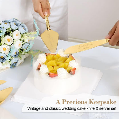 Cake Cutting Set for Wedding, Personalized Gold Cake Knife and Server Set, Custom Cake Serving Set, Engraved Pastry Pie Server Cake Pizza Cutter, Birthday Bridal Gift (F-Classic)