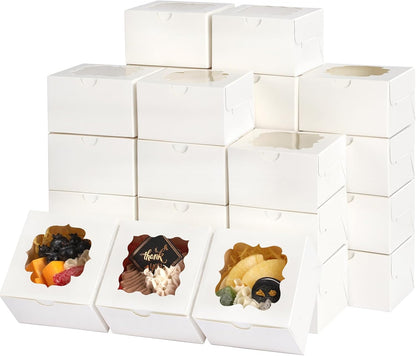 TOMNK 150pcs White Small Cookie Boxes with Window,4x4x2.5 Inch Small Bakery Boxes, 3 Style, Cookie Boxes Bulk for Dessert, Chocolate Strawberries Donuts and Party Favor