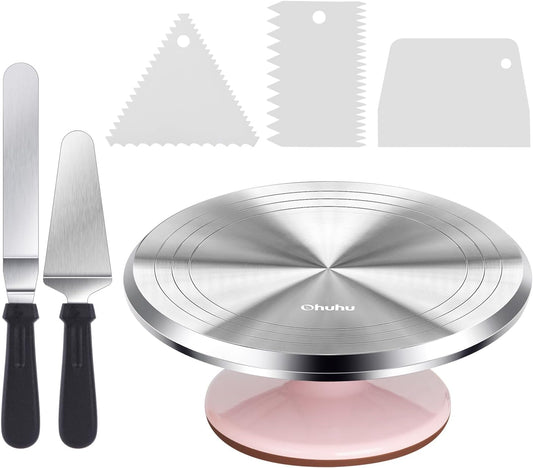 Cake Turntable, Ohuhu Aluminium 12'' Cake Decorating Kit Supplies Rotating Stand Revolving Spinner with 2 Icing Spatula 3 Comb Smoother