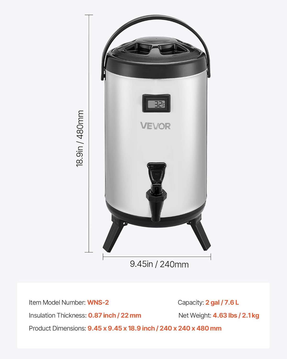 VEVOR Insulated Beverage Dispenser, 2 Gal/7.6L Stainless Steel Thermal Drink Server with Spigot & Temp Display, Suitable for Hot and Cold Drinks, for Tea Coffee Water in Cafes & Restaurants, Silver