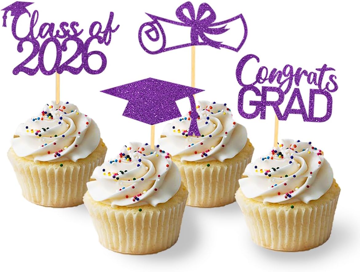2026 Graduation Theme Cupcake Toppers Glitter Class of 2026 Graduation Cap Diploma Cupcake Picks - Set of 24 (Gold)