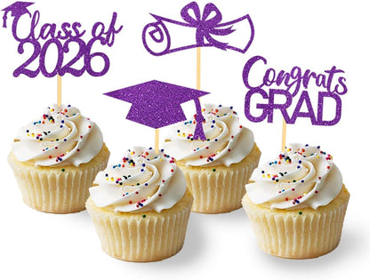 2026 Graduation Theme Cupcake Toppers Glitter Class of 2026 Graduation Cap Diploma Cupcake Picks - Set of 24 (Gold)