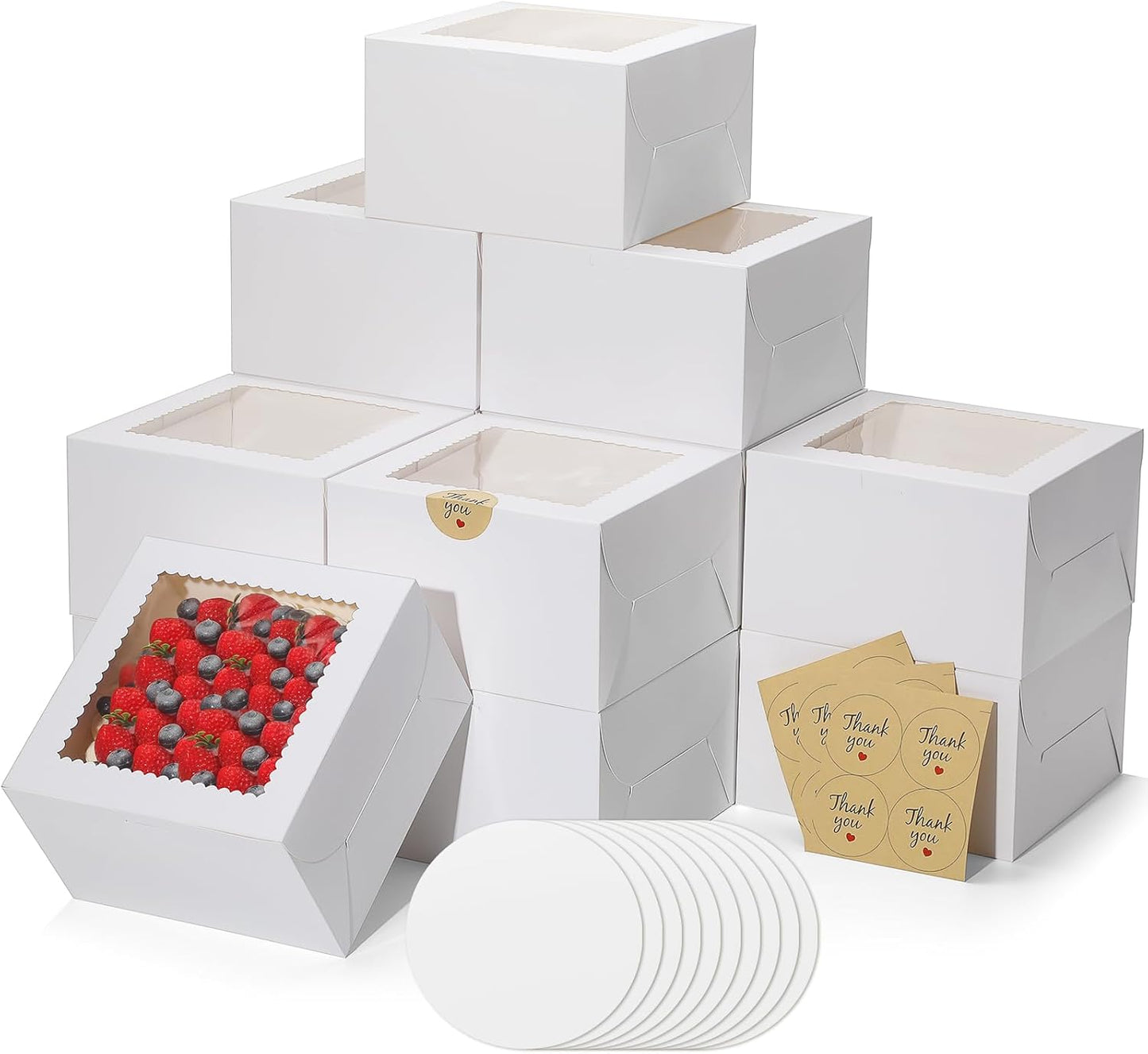 4pcs 6 Inch Cake Boxes with Sticks and Boards for Cookies, Small Cakes, Mini Desserts, Bento, and Bakery, Cupcake Box for Birthday, Party, Wedding, Mother's Day, Christmas（6x6x5 inch）