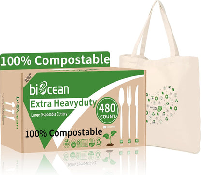 Extra Heavyduty Compostable Cutlery Set - 190 Count Large Disposable Utensils No Plastic Forks Spoons Knives Biodegradable Fork Eco Friendly Silverware for Party,BBQ,Daily Use,Events,Picnic
