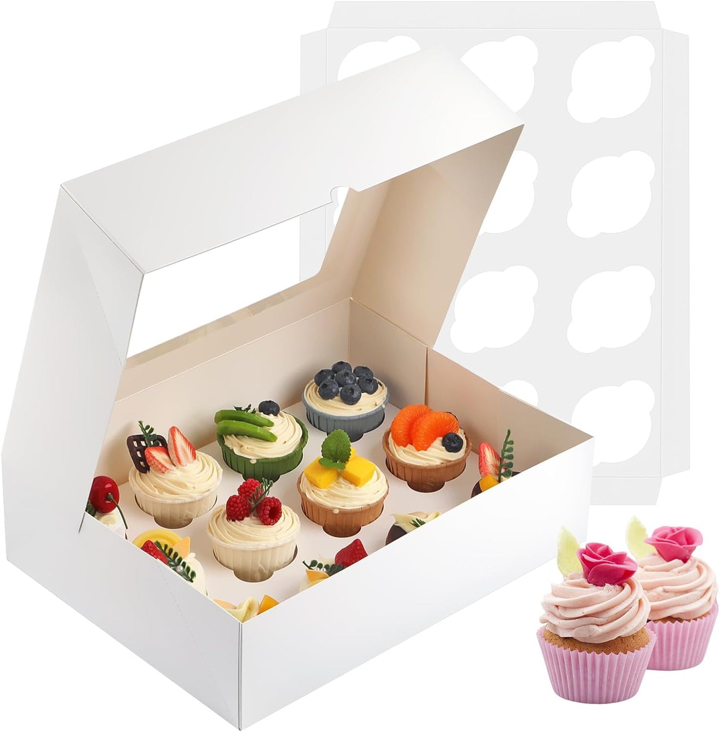 Svalor Cupcake Boxes, 6 Pack Disposable Cupcake Containers, Food Grade Cupcake Carrier 12 Count with Window and Inserts, Cupcake Transport Holders Bulk for Muffins Cookies Treats Dessert（White）