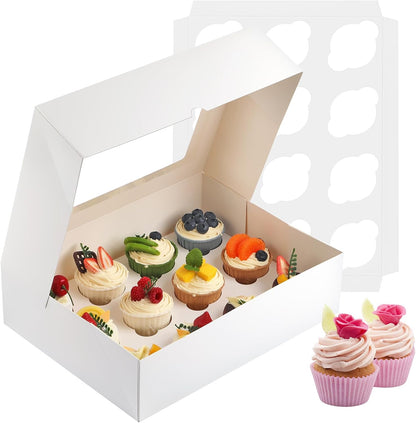 Svalor Cupcake Boxes, 6 Pack Disposable Cupcake Containers, Food Grade Cupcake Carrier 12 Count with Window and Inserts, Cupcake Transport Holders Bulk for Muffins Cookies Treats Dessert（White）