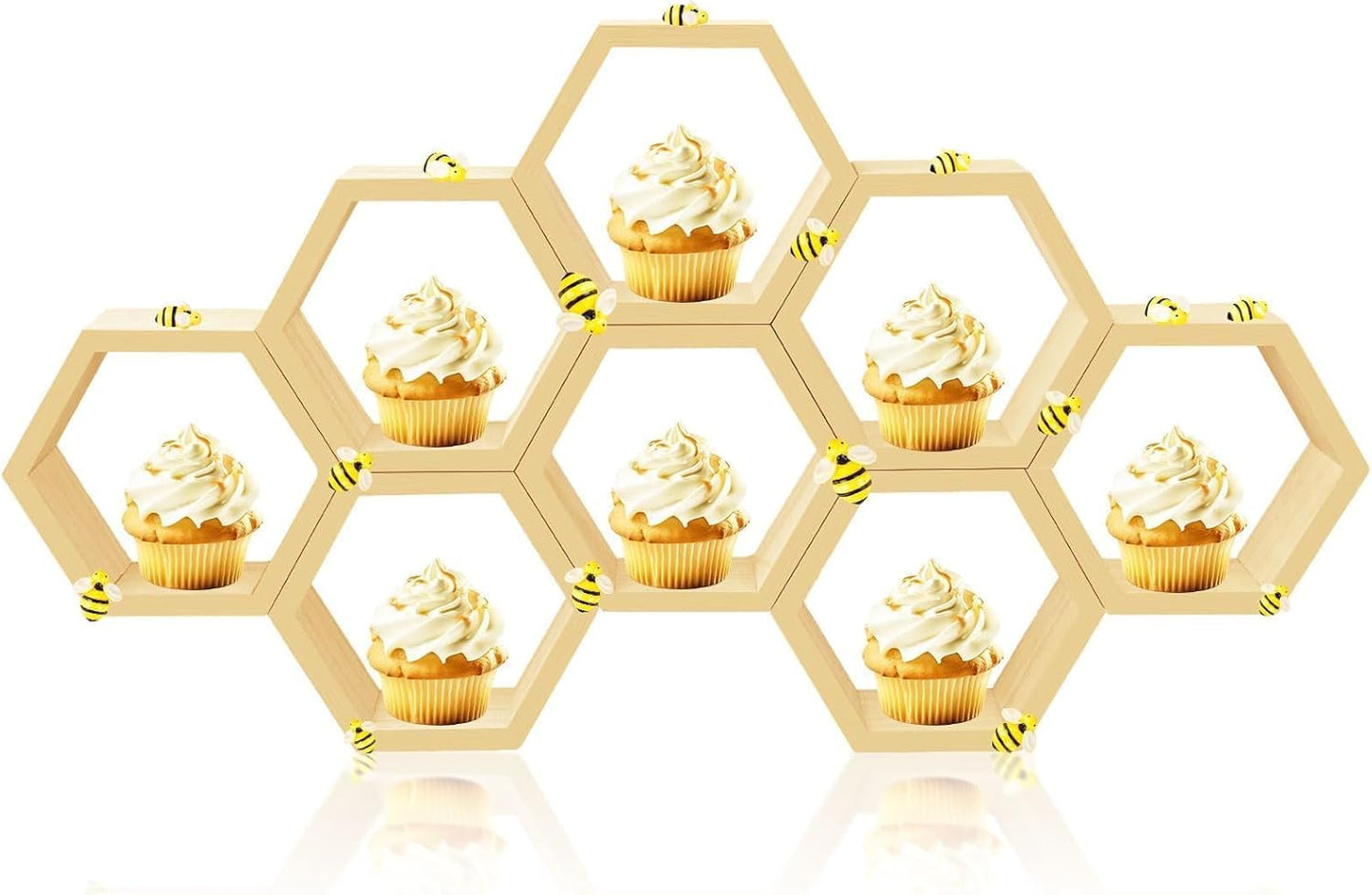 8 Pcs 4.13 Inch Honeycomb Cupcake Stand Cake Farmhouse Hexagon Display Holder Hexagonal Wood Cupcake Stand Floating Table Sign with Wooden Bee for Wedding Baby Shower Birthday Party Table Decorations