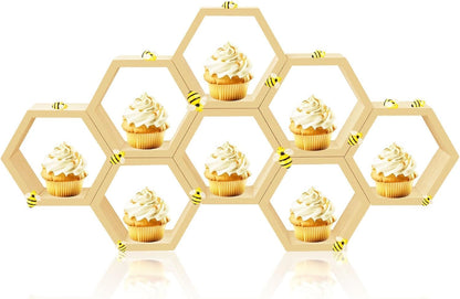 8 Pcs 4.13 Inch Honeycomb Cupcake Stand Cake Farmhouse Hexagon Display Holder Hexagonal Wood Cupcake Stand Floating Table Sign with Wooden Bee for Wedding Baby Shower Birthday Party Table Decorations