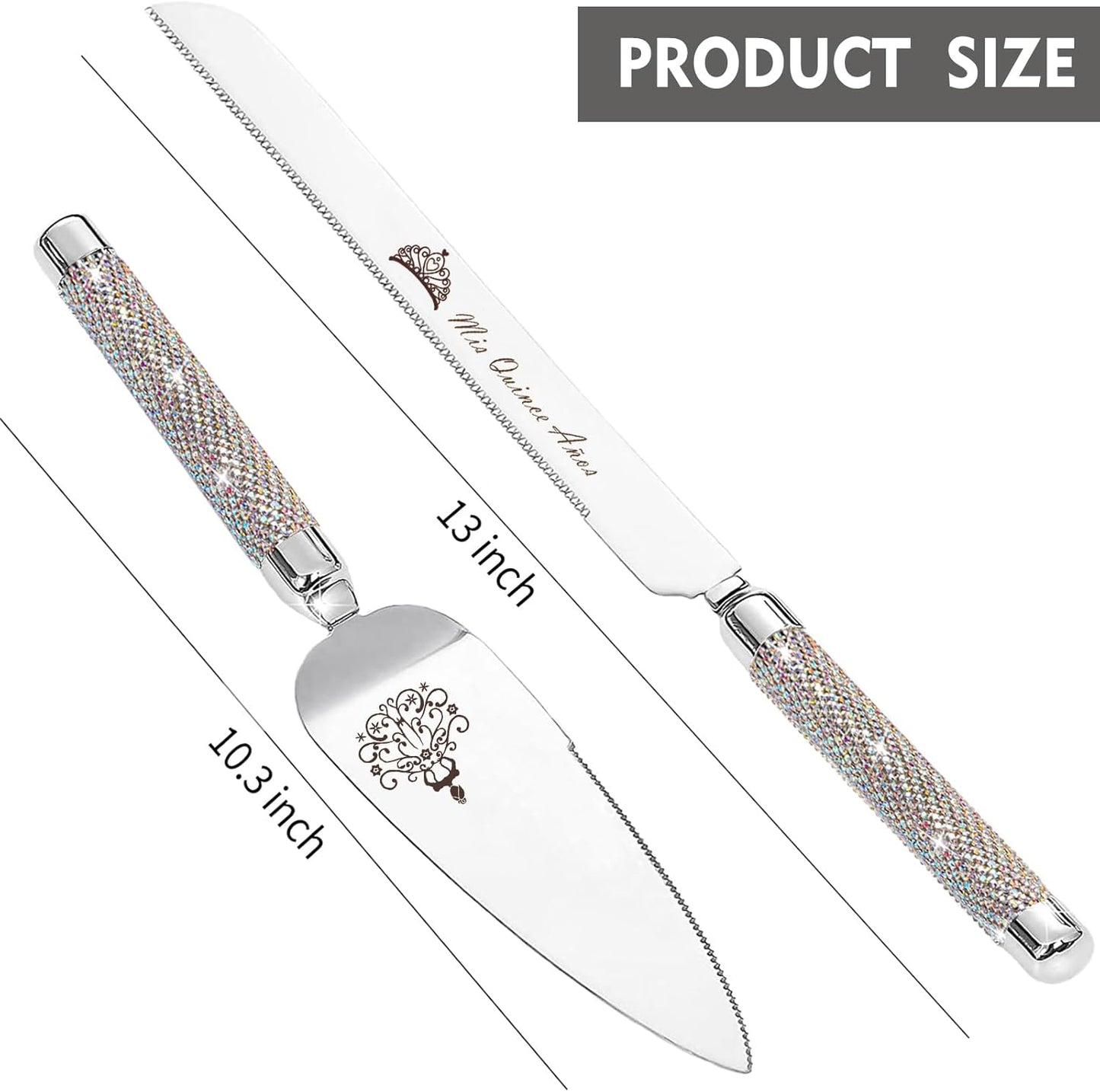 ROXBURGH Mis Quince Años Quinceanera Cake Serving and Knife Set, Feliz 15 Anos Decoration, 420 Stainless Steel Silver Cake Cutter and Pie Server Slicer, Rhinestones Studded Handle