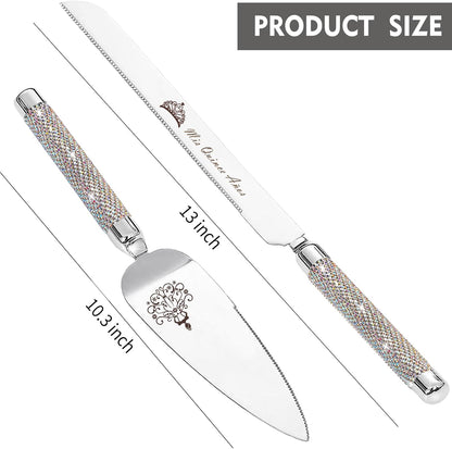 ROXBURGH Mis Quince Años Quinceanera Cake Serving and Knife Set, Feliz 15 Anos Decoration, 420 Stainless Steel Silver Cake Cutter and Pie Server Slicer, Rhinestones Studded Handle