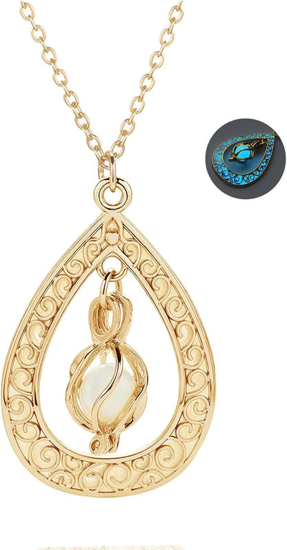 EEQQBZ Glow in The Dark Silver Teardrop shape necklace,Fantasy Glowing Jewelry Charm