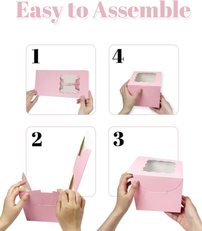 Bakepacker 36pcs 6x6x5 Inches with Window 18-Packs White 6 Inch Bakery Boxes (18 Cake Boxes +18 Cake Boards + 10 Meters Silk Ribbon Includes Included)
