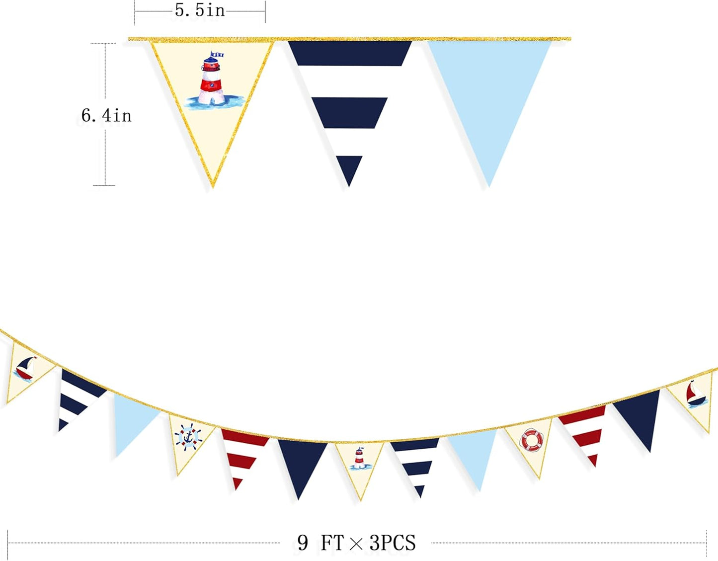 30Ft Navy Blue Gold and Beige Party Decorations Royal Blue Gold Triangle Flag Pennant Banner Bunting for Graduation Birthday Wedding Bridal Shower Nautical Ahoy Achor Theme Party Decorations Supplies
