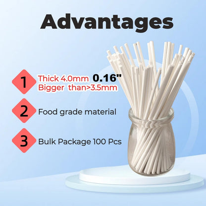6 INCH Cake Pop Lollipop Sticks, 100 Count, (Dia 4mm, Thick 5/32") Sucker Sticks for Truffles, Cookies, Candy, Chocolate Pop, Cake Topper (Not Craft Wood)