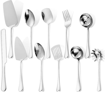Stainless Steel Serving Utensil Set 10-Piece Buffet Flatware Catering Silverware with Bread Tong,Cake Spatula,Serving Ladles,Salad Fork,Cheese Knife,Large Spoon for Parties Buffet