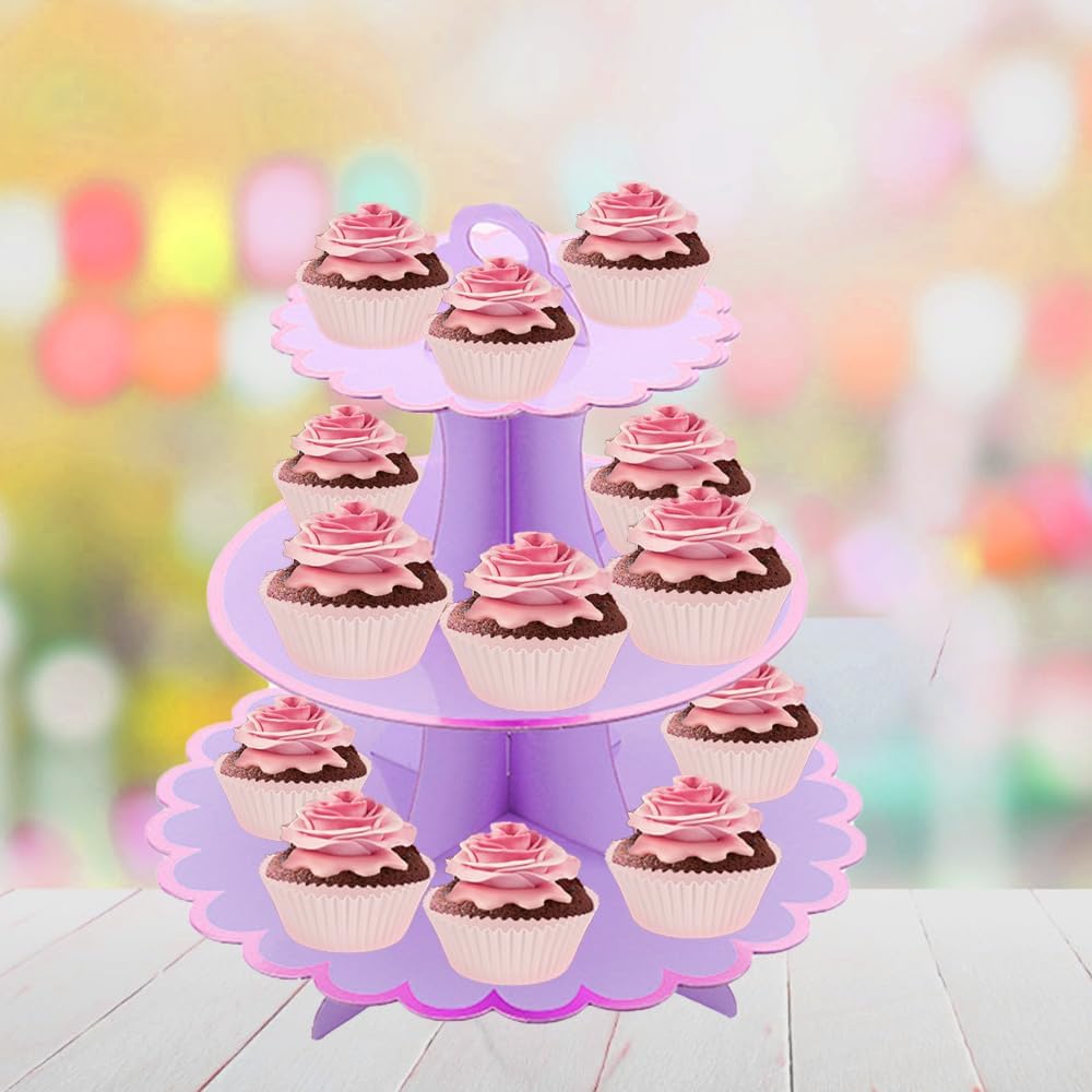 MRPAPA Pink Cardboard Cupcake Stand,2PCS Cup Cake Holder Thick Paper Dessert Tray, 3-Tier Round Serving Tray Perfect for Baby Girls Pink and Gold Birthday Baby Shower Party Supplies