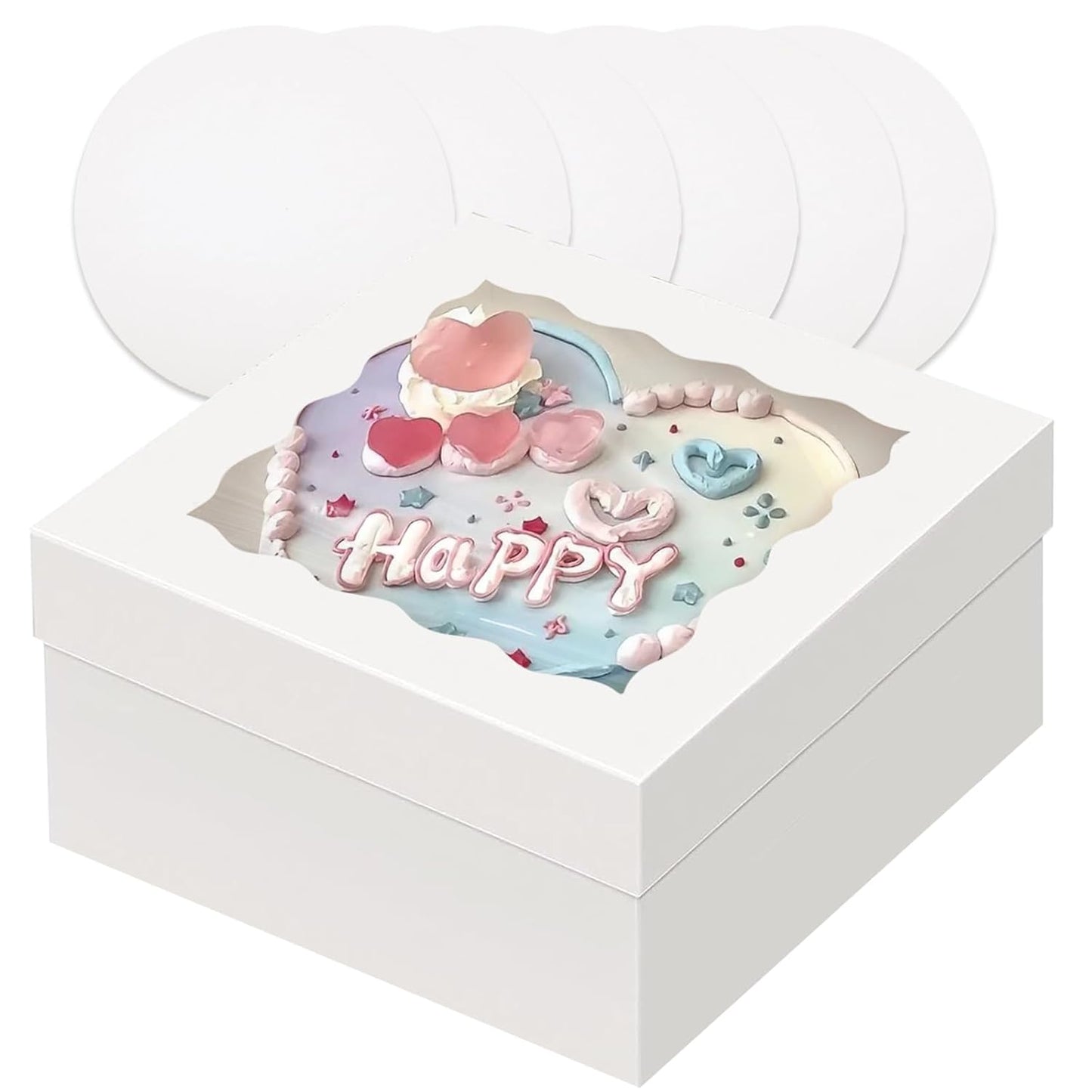 qiqee White 6x6x5 Cake Box, 4 Sets White Cake Box with Window ＆ 4 Sets 6" White Cake Round Boards, 6inch Cake Containers