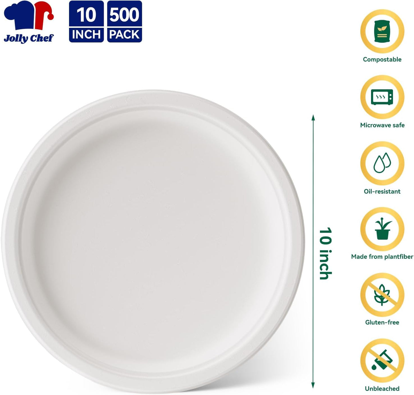 JOLLY CHEF Compostable Heavy Duty Plates 𝟭𝟬 𝗜𝗻𝗰𝗵 [𝟯𝟬𝟬 𝗣𝗮𝗰𝗸] Eco-Friendly Disposable Paper Plates Made of Bagasse Biodegradable Bulk for Party Dinner Sugarcane Thanksgiving Day (Natural)