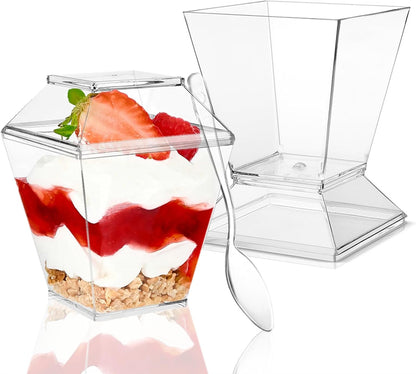 TOFLEN 50 Pack 5 oz Plastic Dessert Cups with High Lids for Party, Mini Dessert Cups with Spoons Dessert Shooter Cups for Yogurt Parfait, Appetizer, Pudding, Fruit and Ice Cream