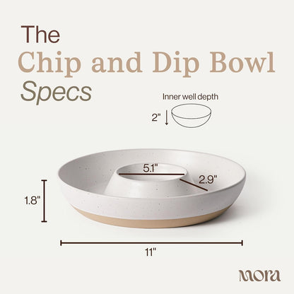 Mora Ceramic Chips and Dip Serving Tray: Large Divided Party Bowl Set for Chips & Salsa, Veggies & Dip, Fruit, Snacks, Entertaining, Hosting, etc. Minimalist Design for the Modern Hostess - White