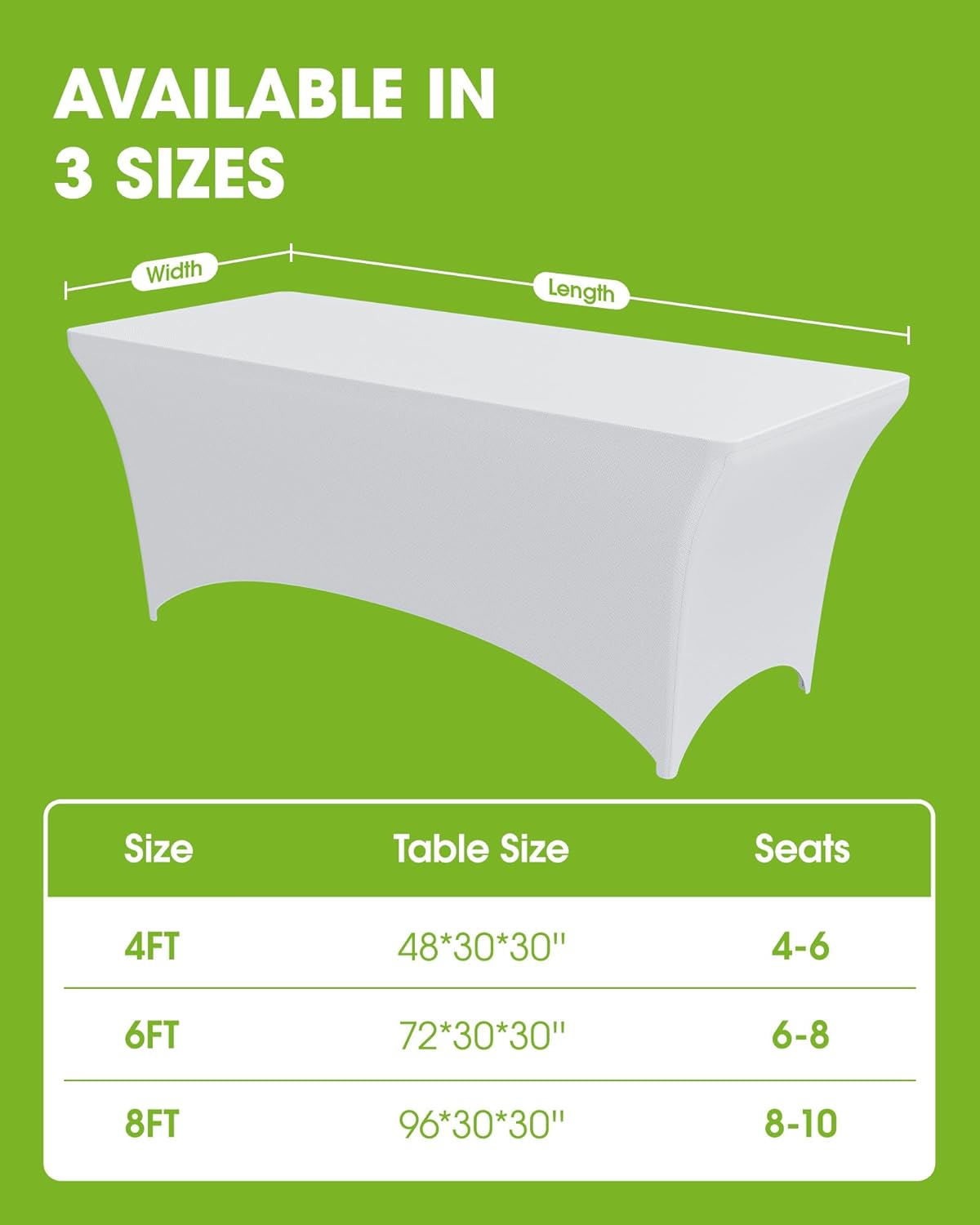 Pureegg Spandex Tablecloth 6ft - 2 Pack, Fitted and Tight Cloth for Rectangle Table, Wrinkle-Free and Stretch Table Cover for Party, Wedding, Banquet and Birthday, White