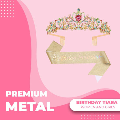 Birthday Tiara Crown with Sash for Women, Headband Hair Accessories for Wedding Party Costume