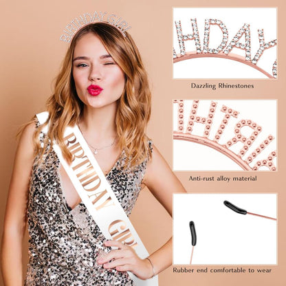 Birthday Sash & Crown for Women - Tiara Headband, Girls' Decorations Accessories