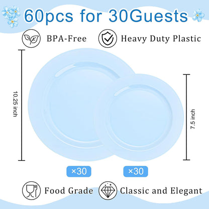 FLOWERCAT 60PCS White Plastic Plates - Heavy Duty White Disposable Plates for Mother's Day/Birthday Party/Wedding -serve for 30 guests Include 30PCS 10.25" & 30PCS 7.5" Plates for Party