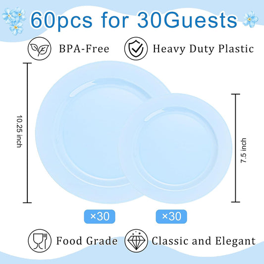 FLOWERCAT 60PCS White Plastic Plates - Heavy Duty White Disposable Plates for Mother's Day/Birthday Party/Wedding -serve for 30 guests Include 30PCS 10.25" & 30PCS 7.5" Plates for Party