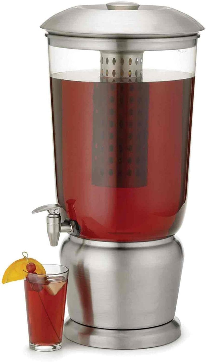 TableCraft 75 Upscale 2.5 Gallon Drink Dispenser with Fruit Infuser & Stand, Tritan & Brushed Stainless Steel, Cold Beverage Dispenser for Catering and Home Use