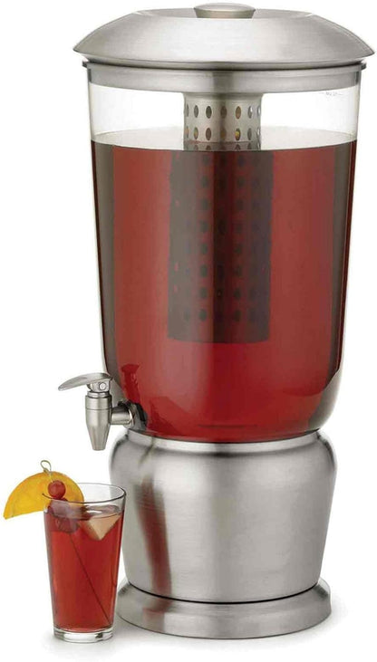 TableCraft 75 Upscale 2.5 Gallon Drink Dispenser with Fruit Infuser & Stand, Tritan & Brushed Stainless Steel, Cold Beverage Dispenser for Catering and Home Use