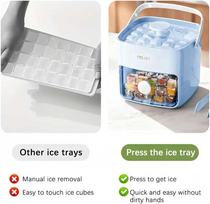 Compact Ice Cube Tray with Lid and Bin, Mini Press-Type Ice Cube Maker for Freezer, Space-Saving Small Ice Bucket with Tongs for RV, Office, Mini Ice Cube Trays & Water Bottles, BPA-Free (Green)