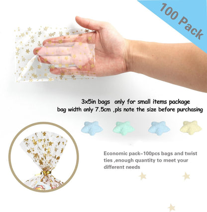 100 Pcs Star Printed 5"X 7" Gift Wrap Cello Cellophane Treat Bags Party Favor bags Clear Candy Cookie Bag Plastic Poly Goodie Storage Bag with Twist Ties for Bakery,Birthday, Wedding ,Party Decorations (Gold)