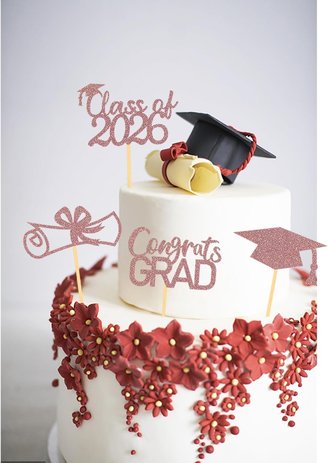 2026 Graduation Theme Cupcake Toppers Glitter Class of 2026 Graduation Cap Diploma Cupcake Picks - Set of 24 (Gold)