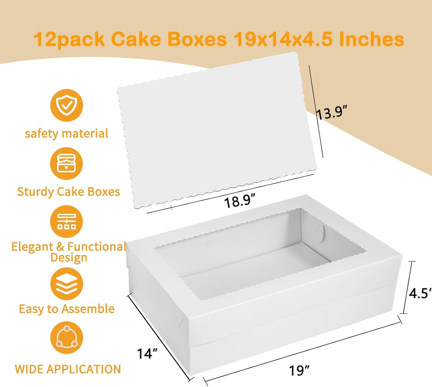6pcs Cake Boxes with Cake Board, 19x14x4.5 Inches White Bakery Boxes with Large Window for Quarter Sheet Cakes, Donuts, Cupcakes, Pastry & Pies