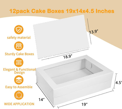 6pcs Cake Boxes with Cake Board, 19x14x4.5 Inches White Bakery Boxes with Large Window for Quarter Sheet Cakes, Donuts, Cupcakes, Pastry & Pies