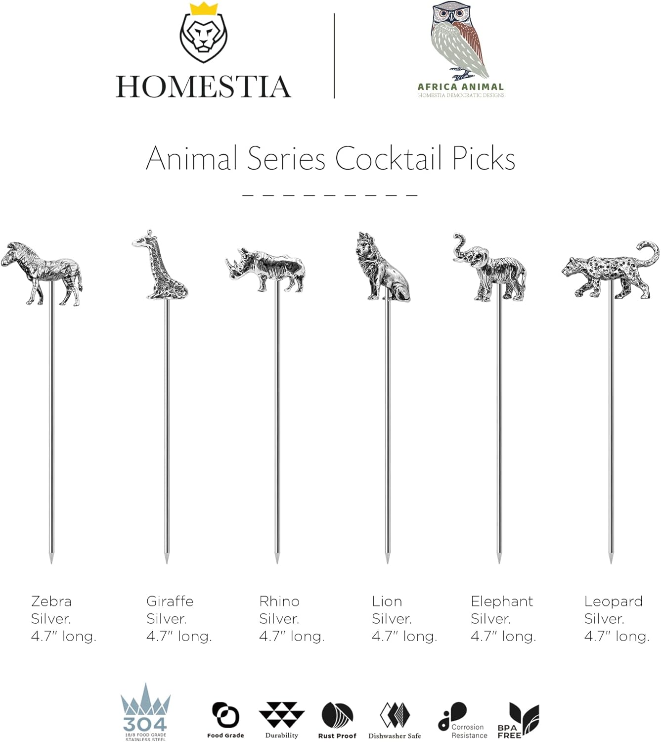 Homestia Stainless Steel Cocktail Picks, 4.7 Inch Reusable Martini Olive Picks, Metal Garnish Skewers for Drinks, Appetizers, Bloody Mary - Set of 6 Metal Cocktail Picks for Party Bar