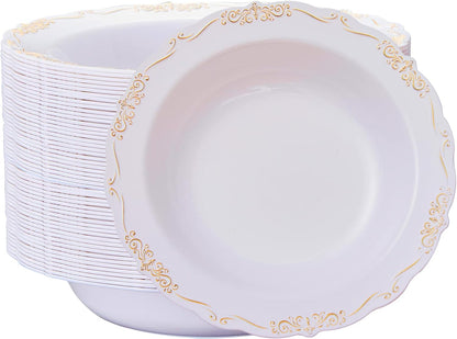 N9R 30PCS Disposable Plastic Bowls with Gold Rim, 12 oz Fancy White Plastic Bowls, Premium Dessert Salad Bowls Perfect for Party, Wedding and Everyday Use