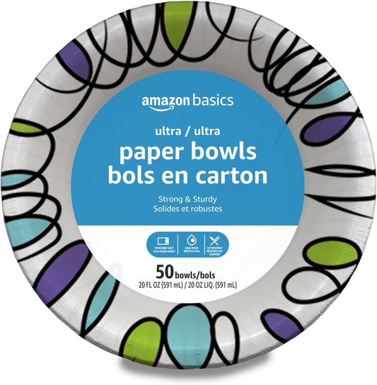 Amazon Basics Ultra Disposable Paper Bowls, 20 Oz, Microwave Safe, Soak Proof, Strong & Sturdy, White, 50 Count